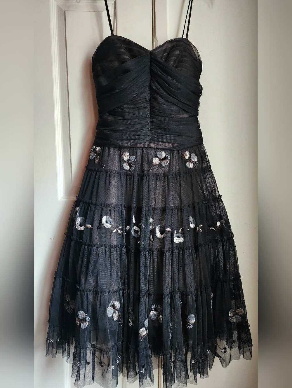 BCBGMaxAzria Black Strapless Tulle Dress with Silver Floral Appliqué